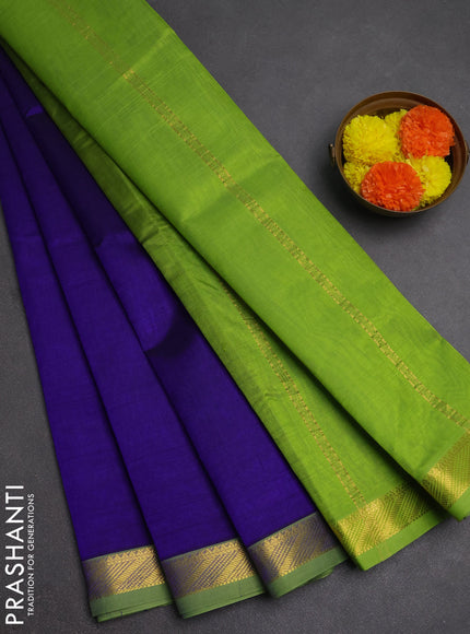 Silk cotton saree blue and light green with plain body and zari woven border