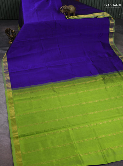 Silk cotton saree blue and light green with plain body and zari woven border