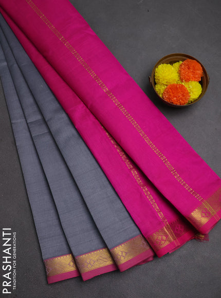Silk cotton saree grey and pink with plain body and zari woven border