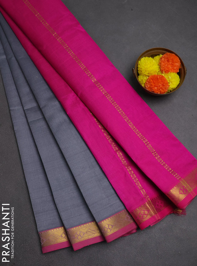 Silk cotton saree grey and pink with plain body and zari woven border