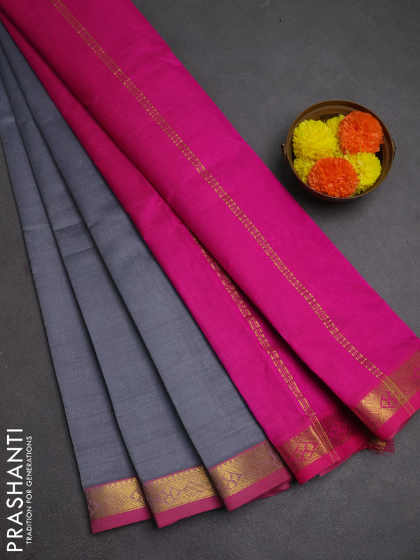 Silk cotton saree grey and pink with plain body and zari woven border