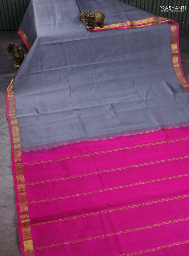 Silk cotton saree grey and pink with plain body and zari woven border