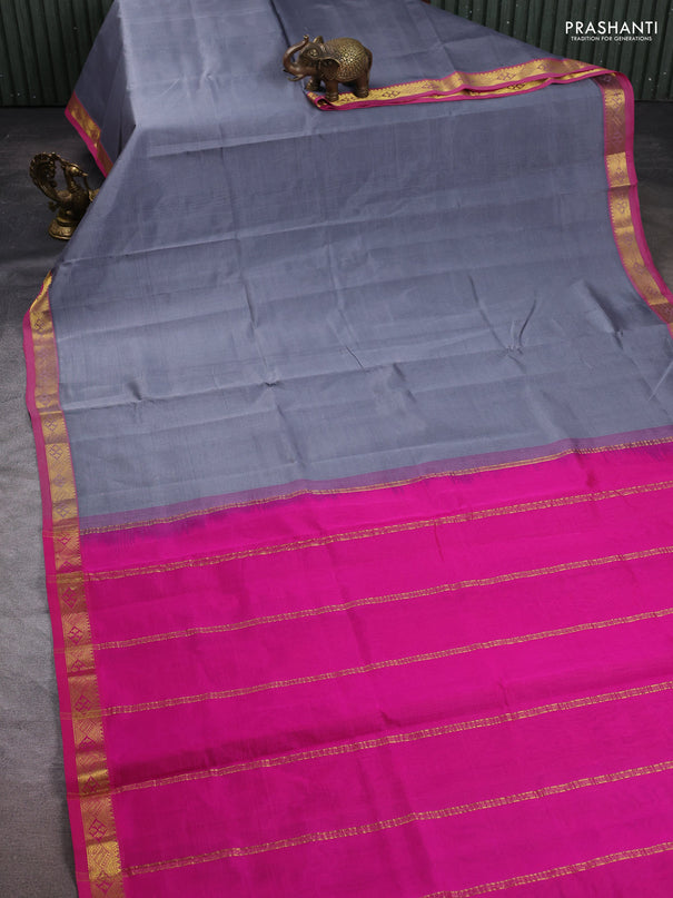 Silk cotton saree grey and pink with plain body and zari woven border