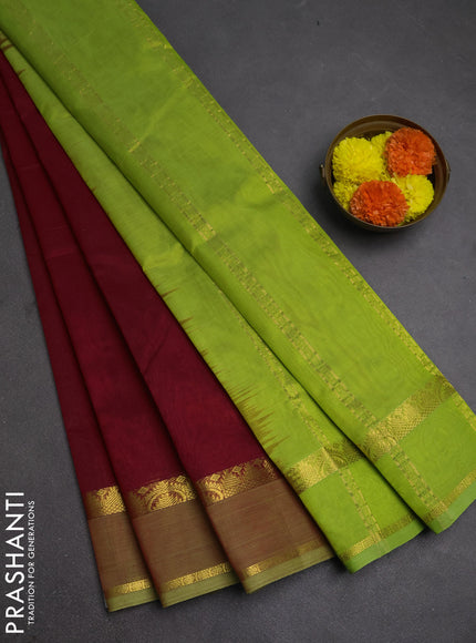 Silk cotton saree maroon and light green with plain body and rettapet zari woven border