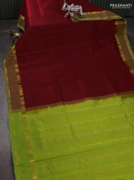 Silk cotton saree maroon and light green with plain body and rettapet zari woven border