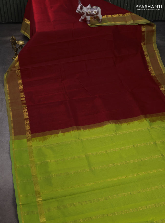 Silk cotton saree maroon and light green with plain body and rettapet zari woven border