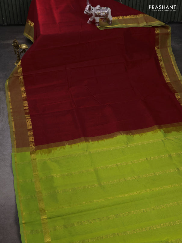 Silk cotton saree maroon and light green with plain body and rettapet zari woven border