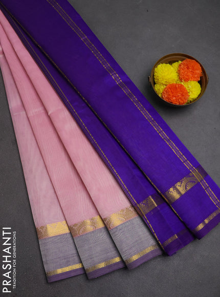 Silk cotton saree light pink and violet with plain body and rettapet zari woven border