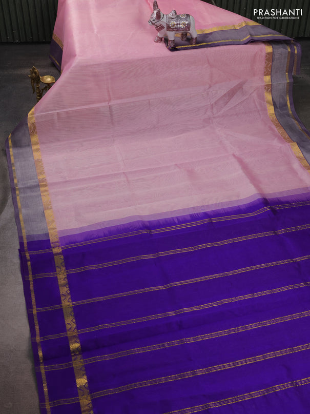 Silk cotton saree light pink and violet with plain body and rettapet zari woven border