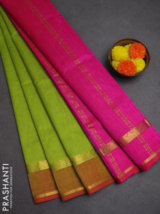 Silk cotton saree light green and pink with plain body and rettapet zari woven border