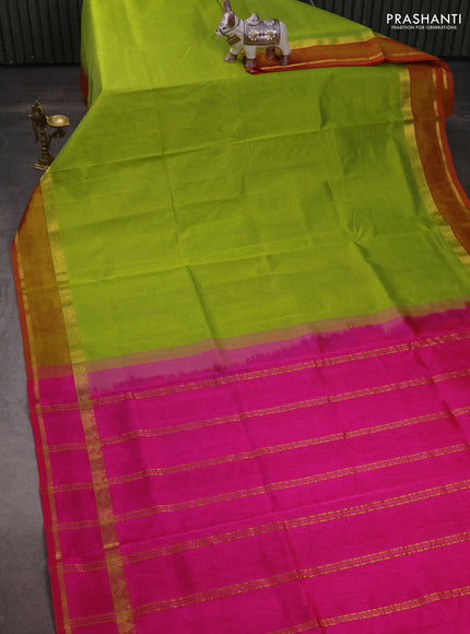 Silk cotton saree light green and pink with plain body and rettapet zari woven border