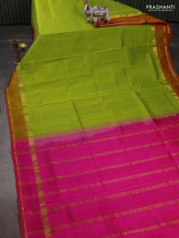 Silk cotton saree light green and pink with plain body and rettapet zari woven border