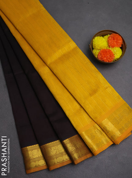 Silk cotton saree deep coffee brown and mango yellow with plain body and zari woven border
