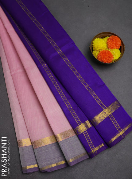 Silk cotton saree baby pink and violet with plain body and rettapet zari woven border