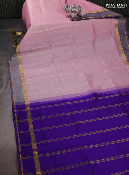 Silk cotton saree baby pink and violet with plain body and rettapet zari woven border