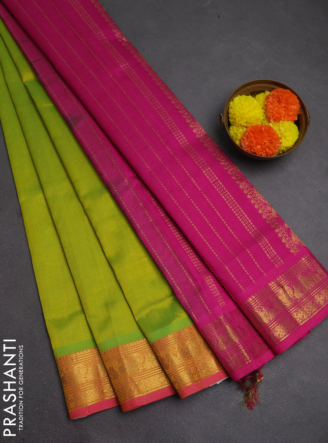 Silk cotton saree lime green and pink with plain body and zari woven border