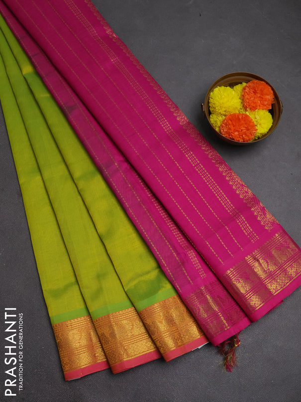 Silk cotton saree lime green and pink with plain body and zari woven border