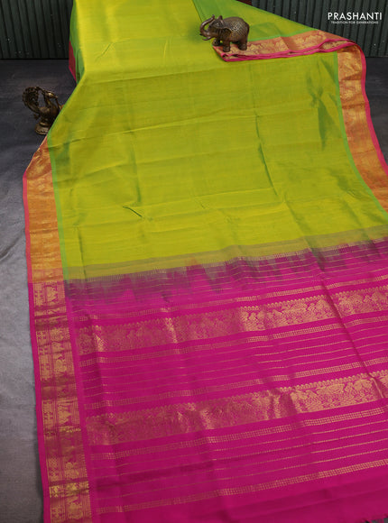 Silk cotton saree lime green and pink with plain body and zari woven border