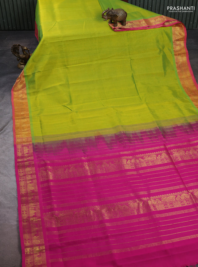Silk cotton saree lime green and pink with plain body and zari woven border