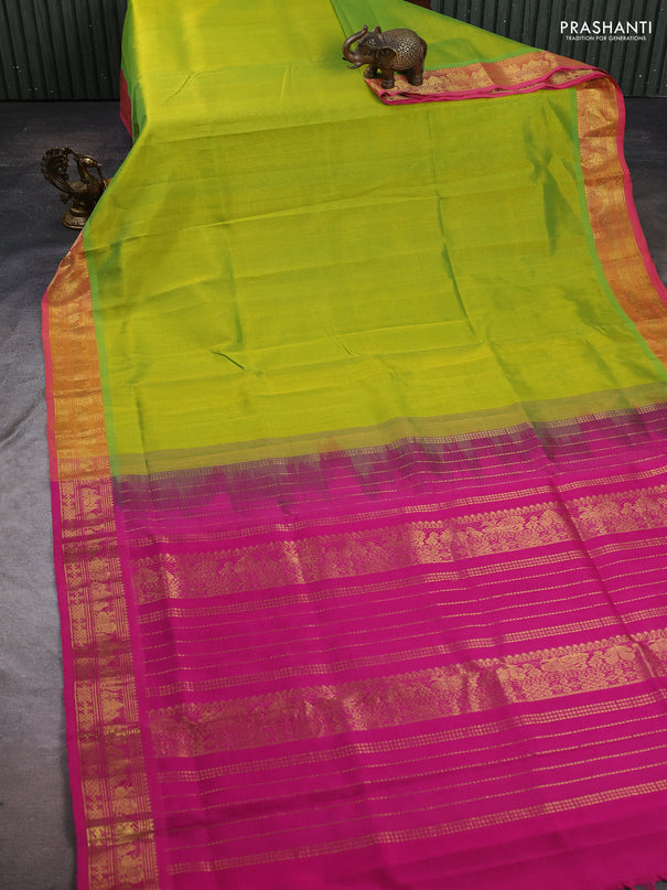 Silk cotton saree lime green and pink with plain body and zari woven border
