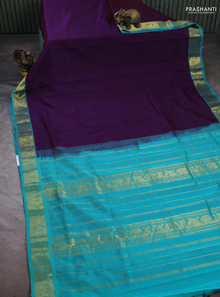 Silk cotton saree deep violet and teal blue with plain body and zari woven border