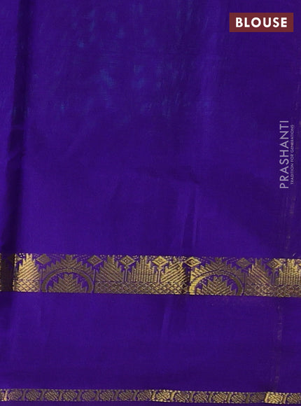 Silk cotton saree teal green and violet with plain body and rettapet zari woven border