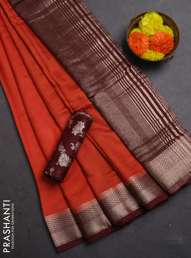 Orange & Maroon Semi Mangalgiri Cotton Saree - Brocade Blouse