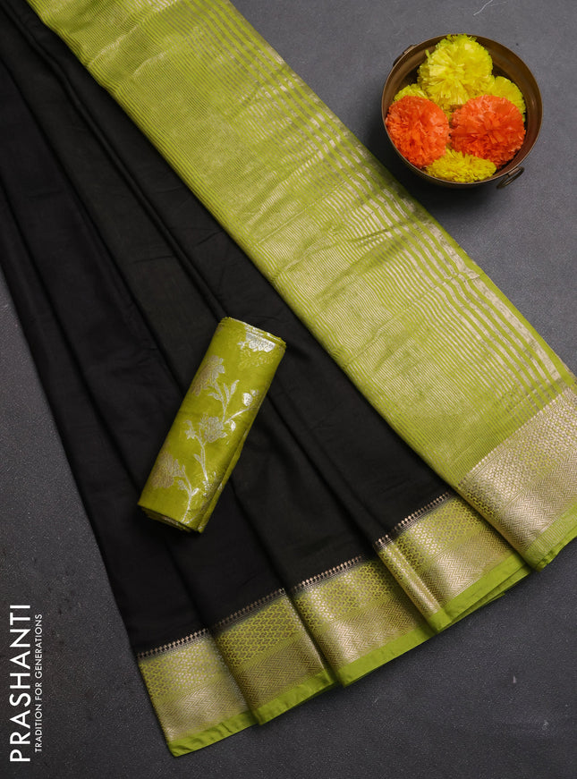 Black & Lime Green Semi Mangalgiri Cotton Saree - Brocade Blouse