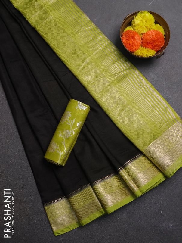 Black & Lime Green Semi Mangalgiri Cotton Saree - Brocade Blouse