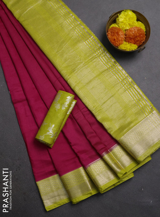 Pink & Lime Green Semi Mangalgiri Cotton Saree - Brocade Blouse