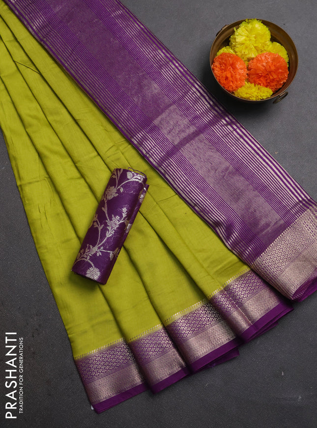 Lime Green & Purple Semi Mangalgiri Cotton Saree - Brocade Blouse