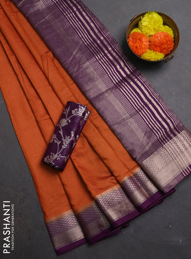 Rust & Purple Semi Mangalgiri Cotton Saree - Brocade Blouse