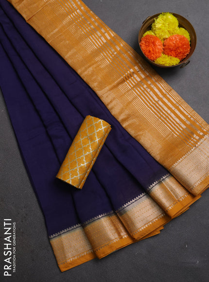 Navy Blue & Mustard Yellow Semi Mangalgiri Cotton Saree - Brocade Blouse