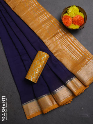 Navy Blue & Mustard Yellow Semi Mangalgiri Cotton Saree - Brocade Blouse