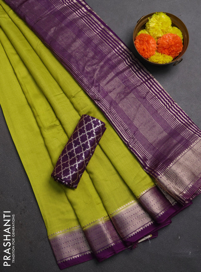 Lime Green & Purple Semi Mangalgiri Cotton Saree - Brocade Blouse