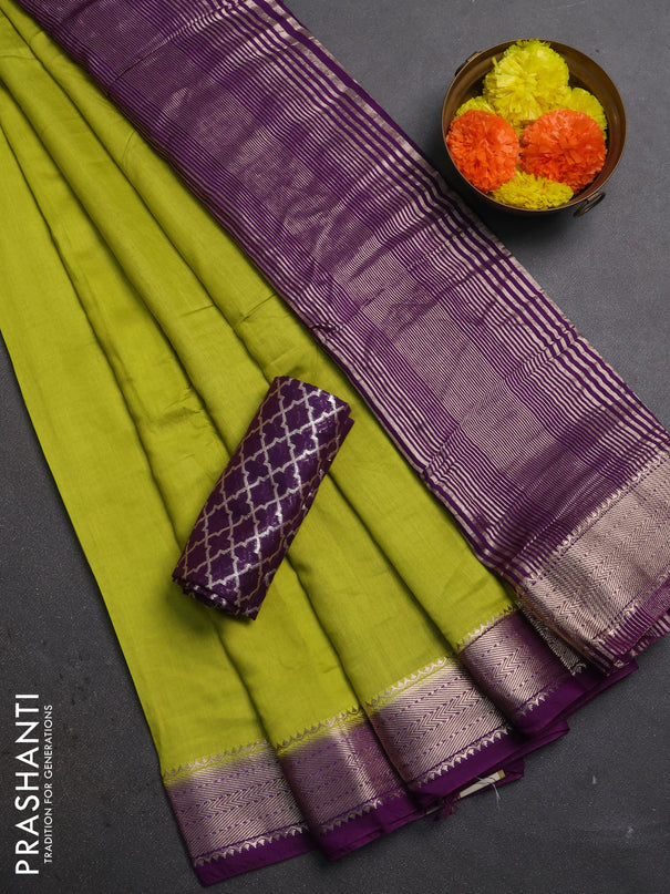 Lime Green & Purple Semi Mangalgiri Cotton Saree - Brocade Blouse