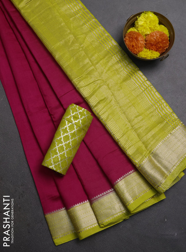 Pink & Lime Green Semi Mangalgiri Cotton Saree - Brocade Blouse