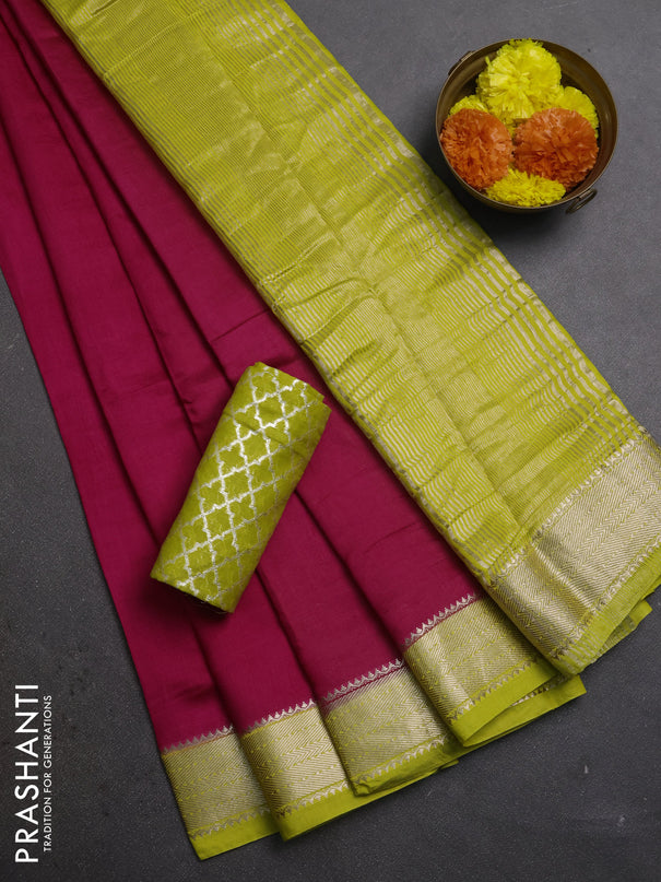Pink & Lime Green Semi Mangalgiri Cotton Saree - Brocade Blouse