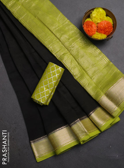 Black & Lime Green Semi Mangalgiri Cotton Saree - Brocade Blouse
