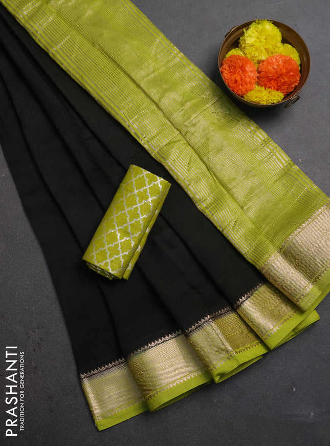 Black & Lime Green Semi Mangalgiri Cotton Saree - Brocade Blouse