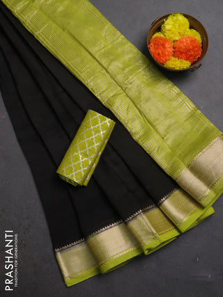 Black & Lime Green Semi Mangalgiri Cotton Saree - Brocade Blouse