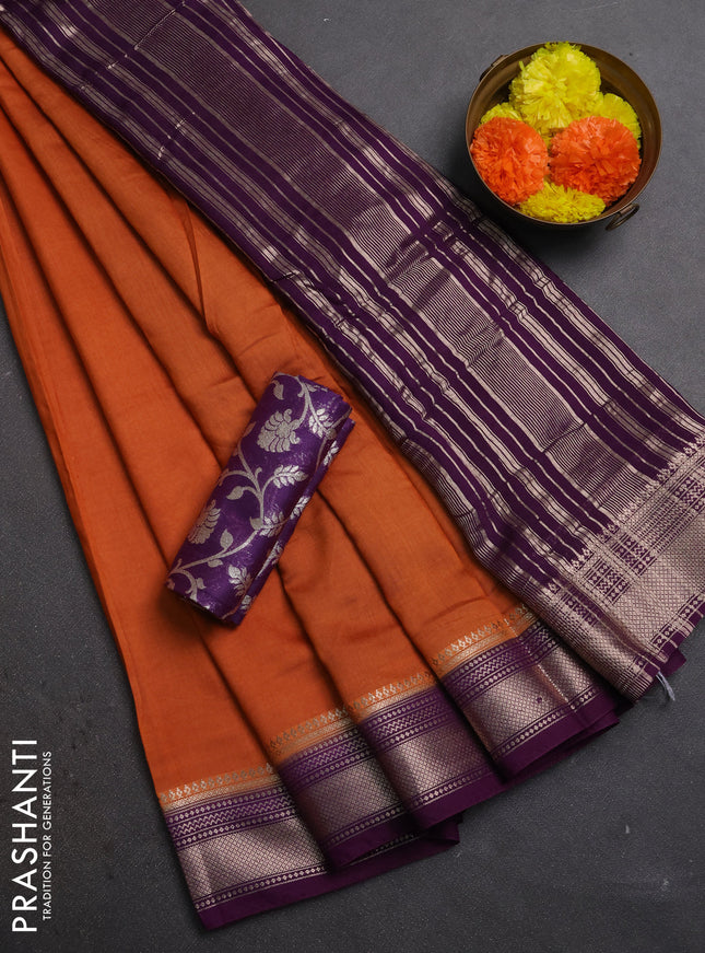 Orange & Purple Semi Mangalgiri Cotton Saree - Brocade Blouse