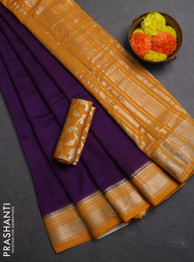 Purple & Mustard Yellow Semi Mangalgiri Cotton Saree - Brocade Blouse