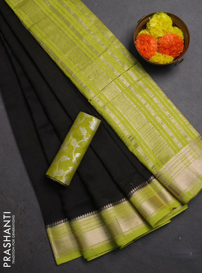Black & Lime Green Semi Mangalgiri Cotton Saree - Brocade Blouse