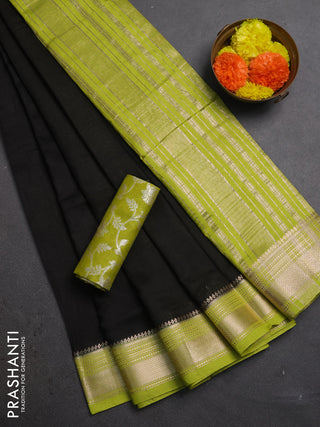 Black & Lime Green Semi Mangalgiri Cotton Saree - Brocade Blouse
