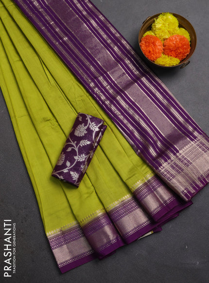 Lime Green & Purple Semi Mangalgiri Cotton Saree - Brocade Blouse