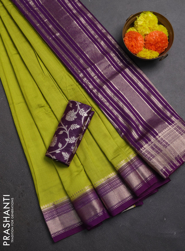 Lime Green & Purple Semi Mangalgiri Cotton Saree - Brocade Blouse