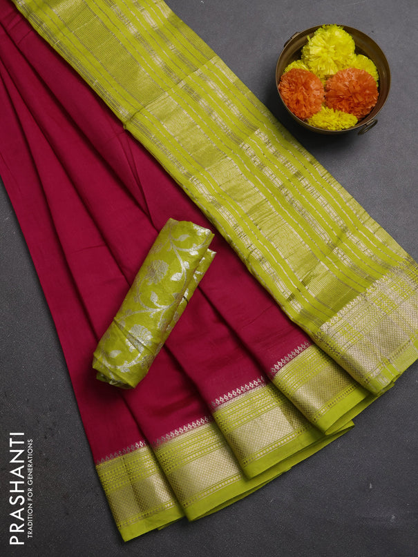 Pink & Lime Green Semi Mangalgiri Cotton Saree - Brocade Blouse