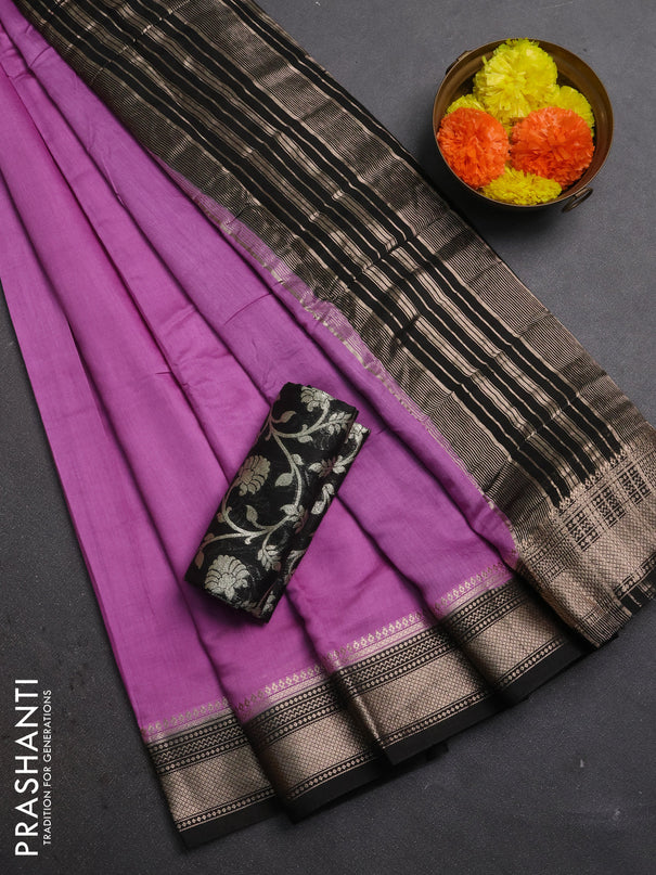 Lavender & Black Semi Mangalgiri Cotton Saree - Brocade Blouse