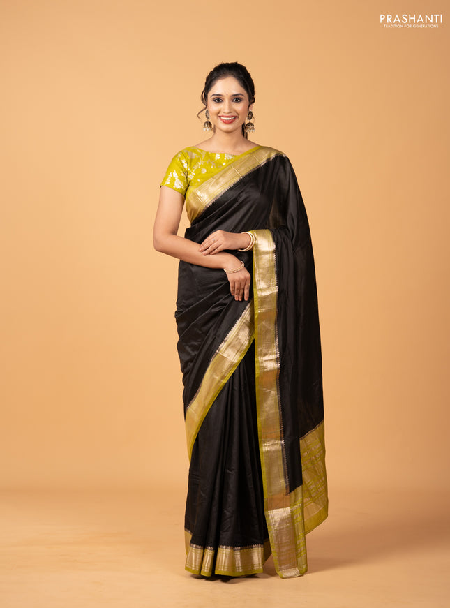 Black & Light Green Semi Mangalgiri Cotton Saree - Brocade Blouse